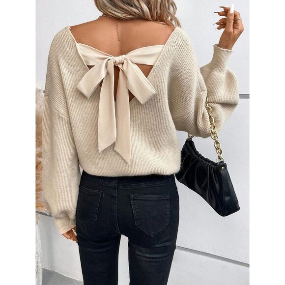 V Neck Sweater Women Knit Off Shoulder Long Sleeve Top Tie Back Apricot - Picture 5 of 6